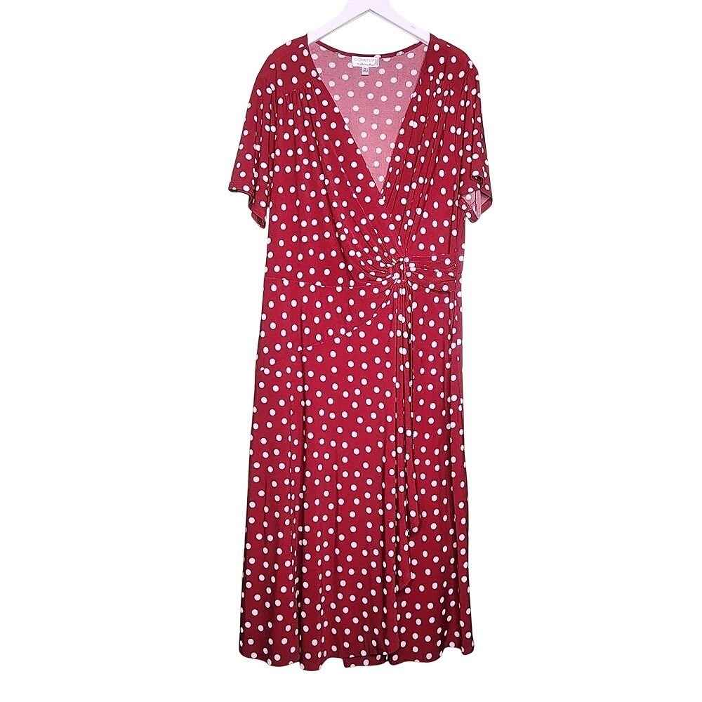 Signature by Robbie Bee Red White Polka Dot Midi Dress Pinup Rockabilly VNeck 1X
